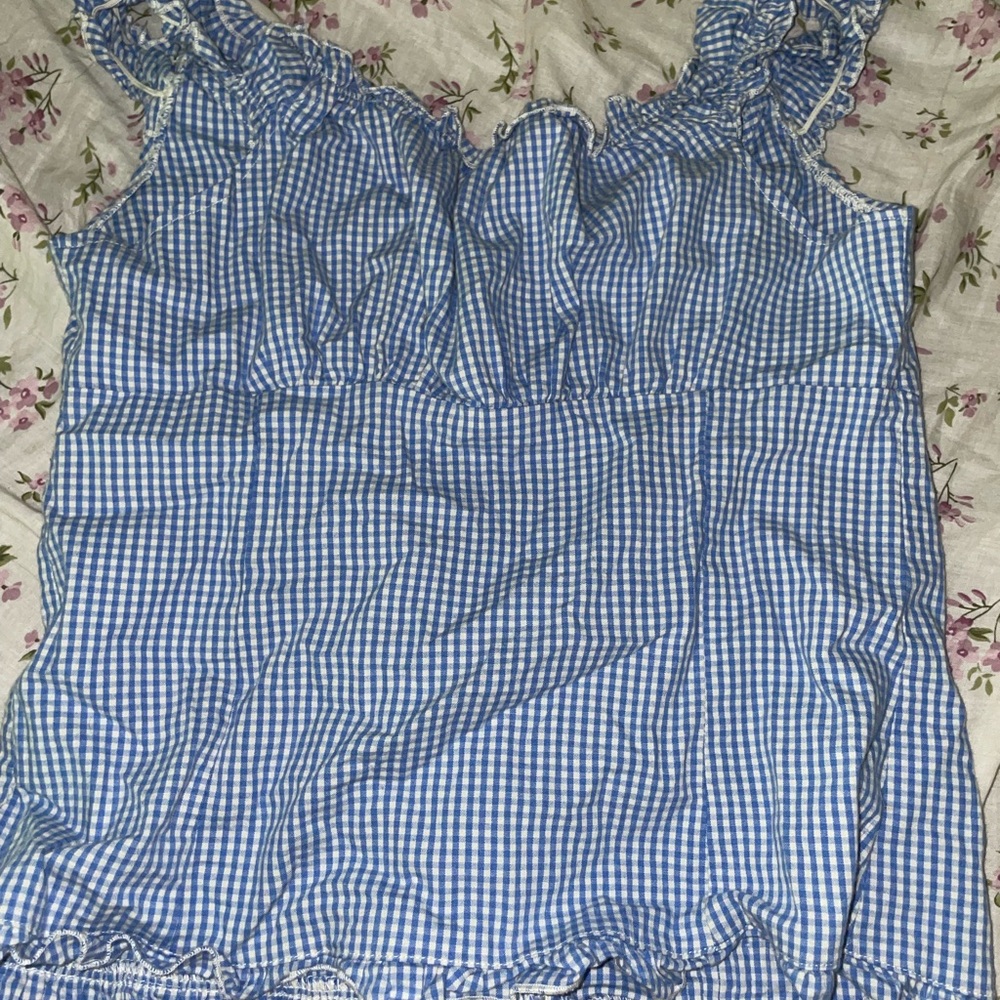 Brandy Melville Blue Gingham Button Down Top - Picture 2 of 3